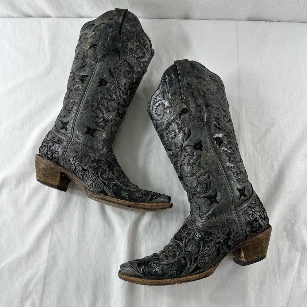 Corral Hancrafted Black Textured Inlay Cowboy Western Women's Boots Size 7 M - Picture 2 of 12